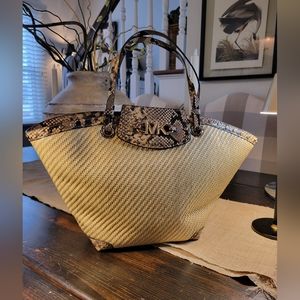 Michael Kors Straw and Snakeskin Medium Fan Tote